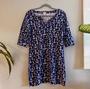 Hatley Cotton Nautical Anchor Print Coastal Beachy Loose Fit Shift Dress